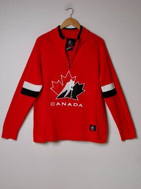 Hockey Canada Quarter Zip Sweater Red Black Vintage 90s Sogo Sports Large XL